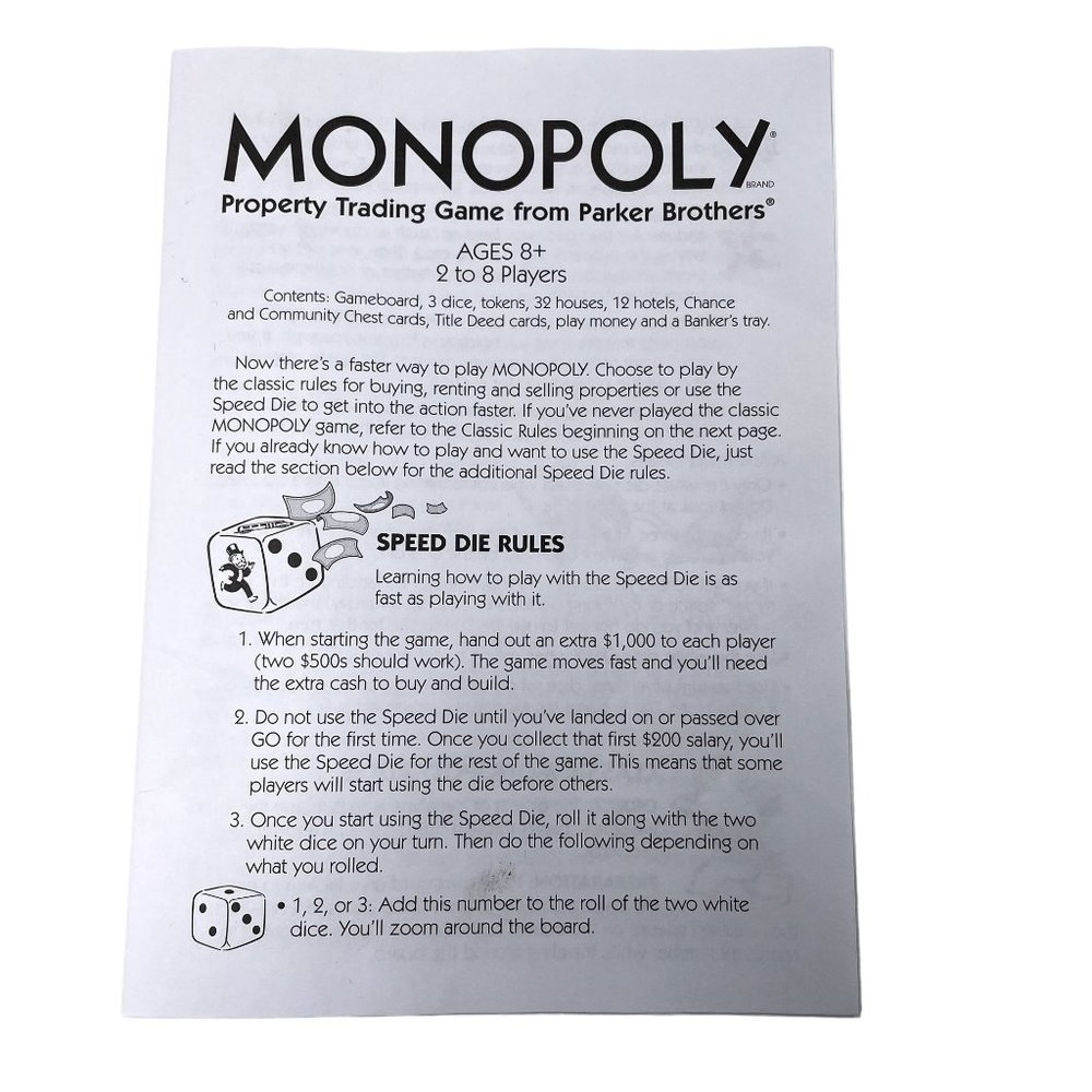 Monopoly Board Game Instruction Manual Guide Speed Die Classic Rules Booklet u
